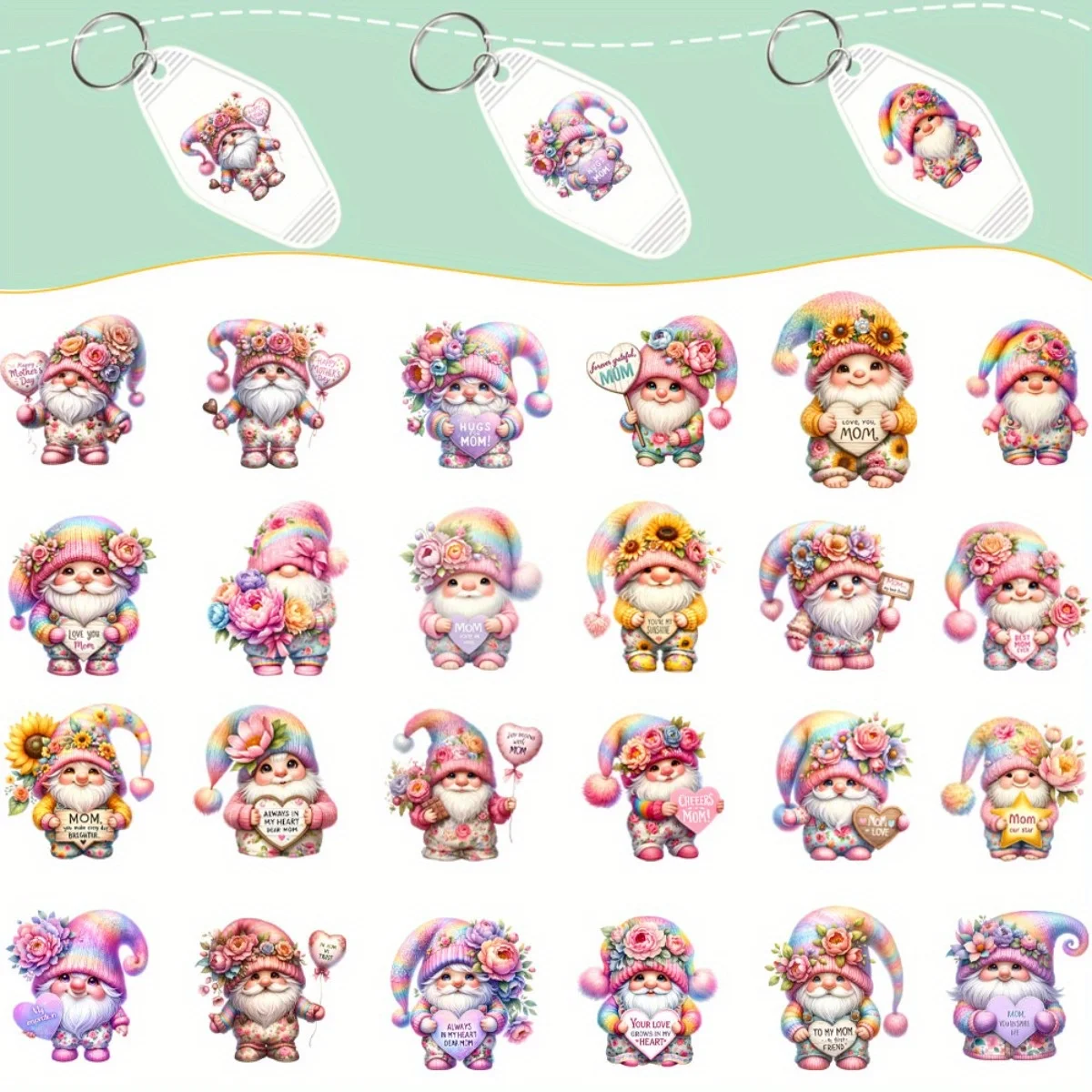 

48 штук, цветы-гномы ко Дню матери, УФ-трансферные наклейки DTF, прочные, с высокой клейкостью, для поделок своими руками, офисных принадлежностей и брелоков