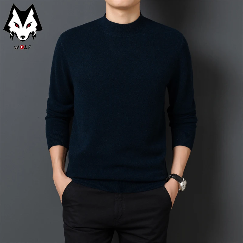 New Men's Casual and Fashionable Solid Color Long Sleeved Mid Neck Sweater Warm and Versatile Top for Autumn and Winter