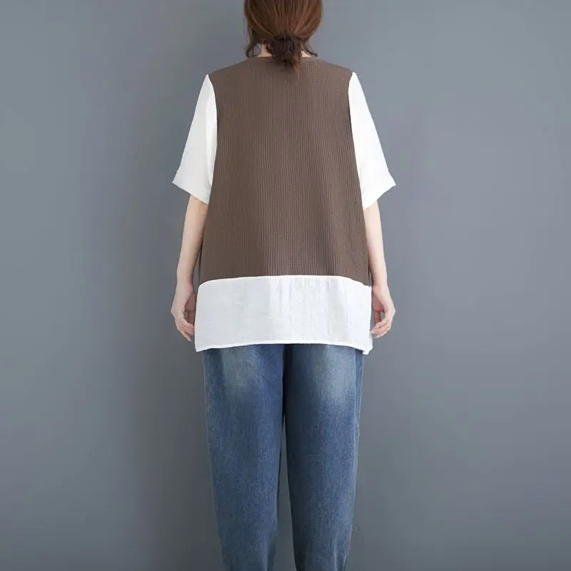 Top da donna finto in due pezzi a contrasto lavorato a maglia e lino manica corta vestibilità ampia casual comoda camicetta multicolore quotidiana estiva