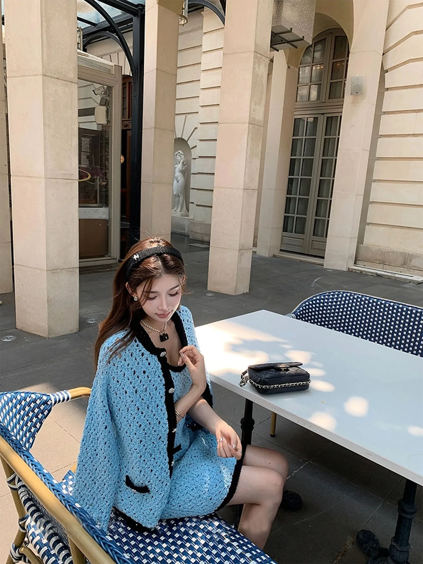 Paris Blue Knitted Dress Set with Open Cardigan Elegant Style Medium Elasticity Cotton Fabric for Autumn Casual Wear
