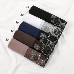 2025 Plain Chiffon Hijab Long Shawl with Embroidered Lace Floral Muslim Women Headscarf Decor Islamic Wrap Head Turban 193X70cm