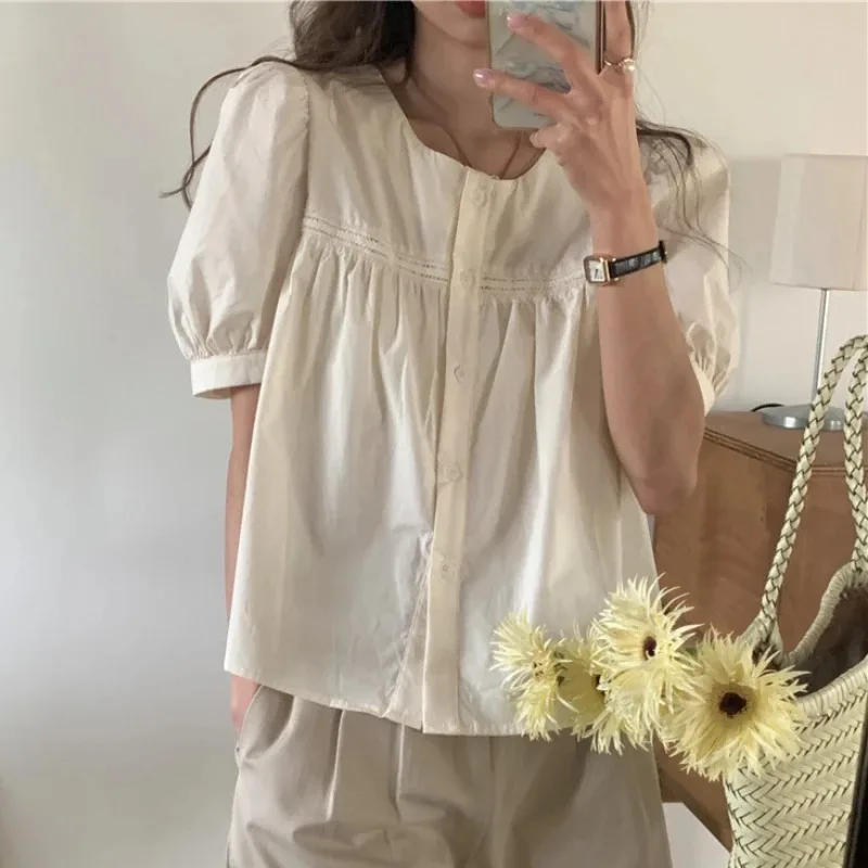 New Cute Chic Doll Design Fold Tops Hot Women Summer 2025 Chic Korea Japan Style Retro Vintage Solid Girls Short Shirt Blouses
