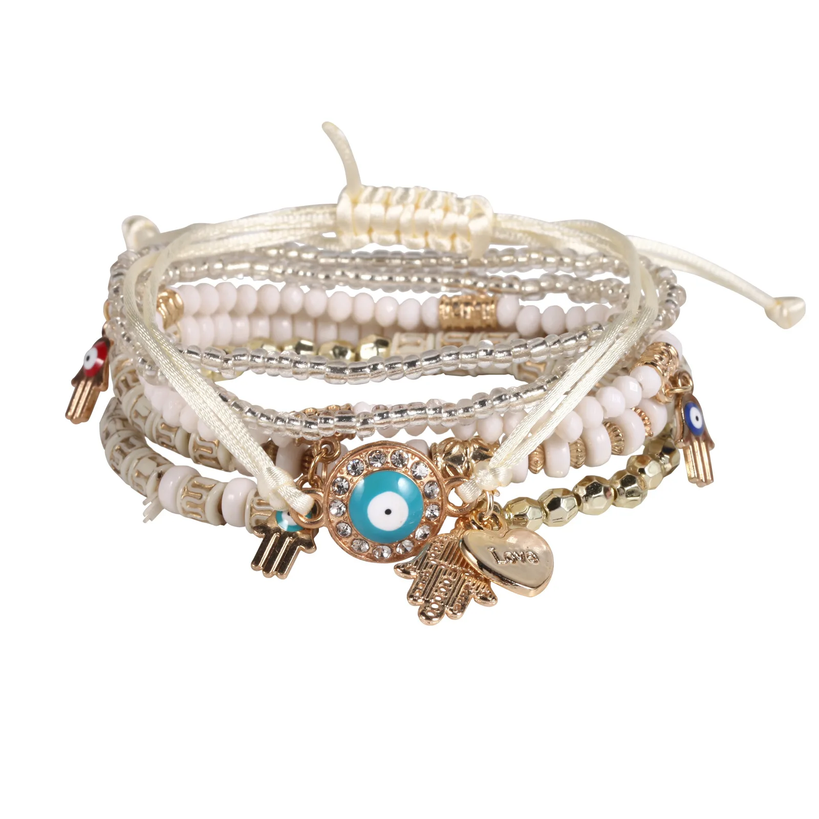 Nowy zestaw bransoletek z koralików Evil Eye dla kobiet Bohemia Fatima Hand Charm Beaded Chain Bangle Girls Boho Party Jewelry — zdjęcie 5