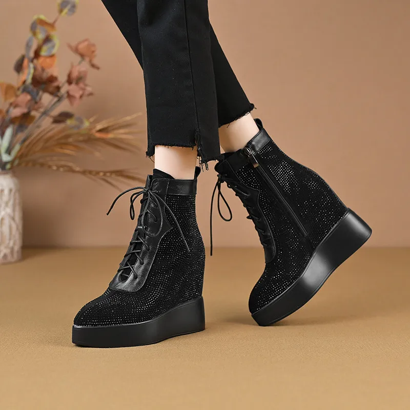 

MKKHOU Fashion Short Boots Women's New High Quality Crystal Boots Cross Lace Thick Bottom Boots Winter Plush Warm Boots Women