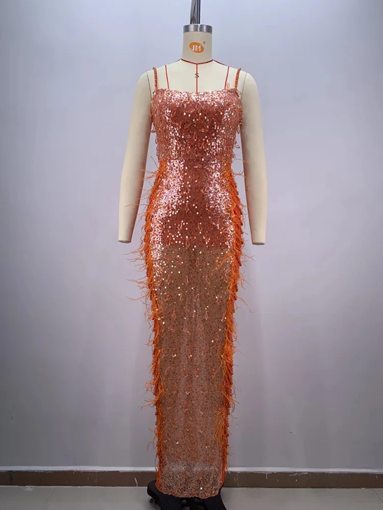 2024 Fashion Women Sexy Pearl Backless Mesh Sequins Orange Maxi Long Bodycon Cotton Dress Elegant Evening Club Party Dress