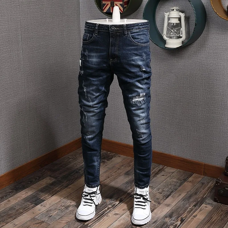 Fashion Designer Men Jeans Retro Dark Blue Elastic Stretch Slim Ripped Jeans Men Korean Style Vintage Denim Pencil Pants Hombre