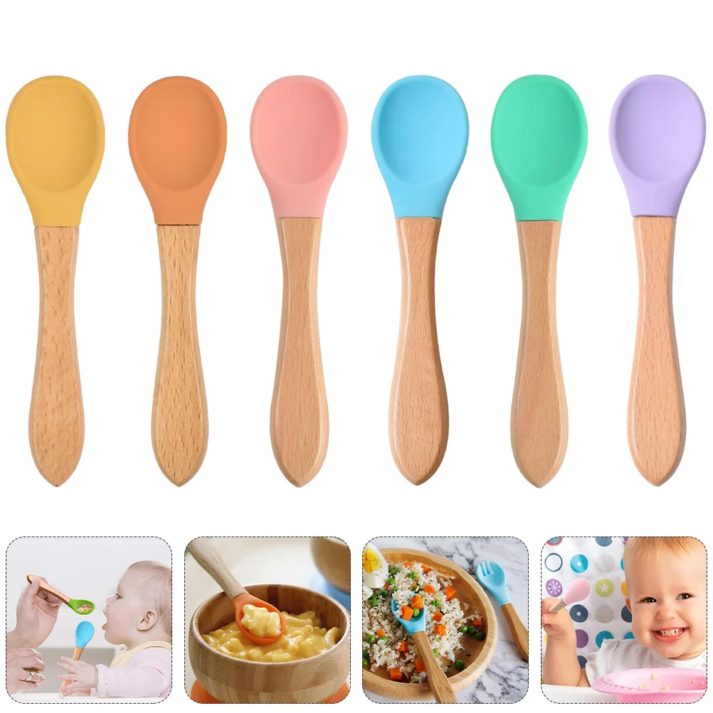 6 Pcs Silicone Spoon with Wooden Handle Eatting Spoons Food Serving Basting Baby Feeding Delicate