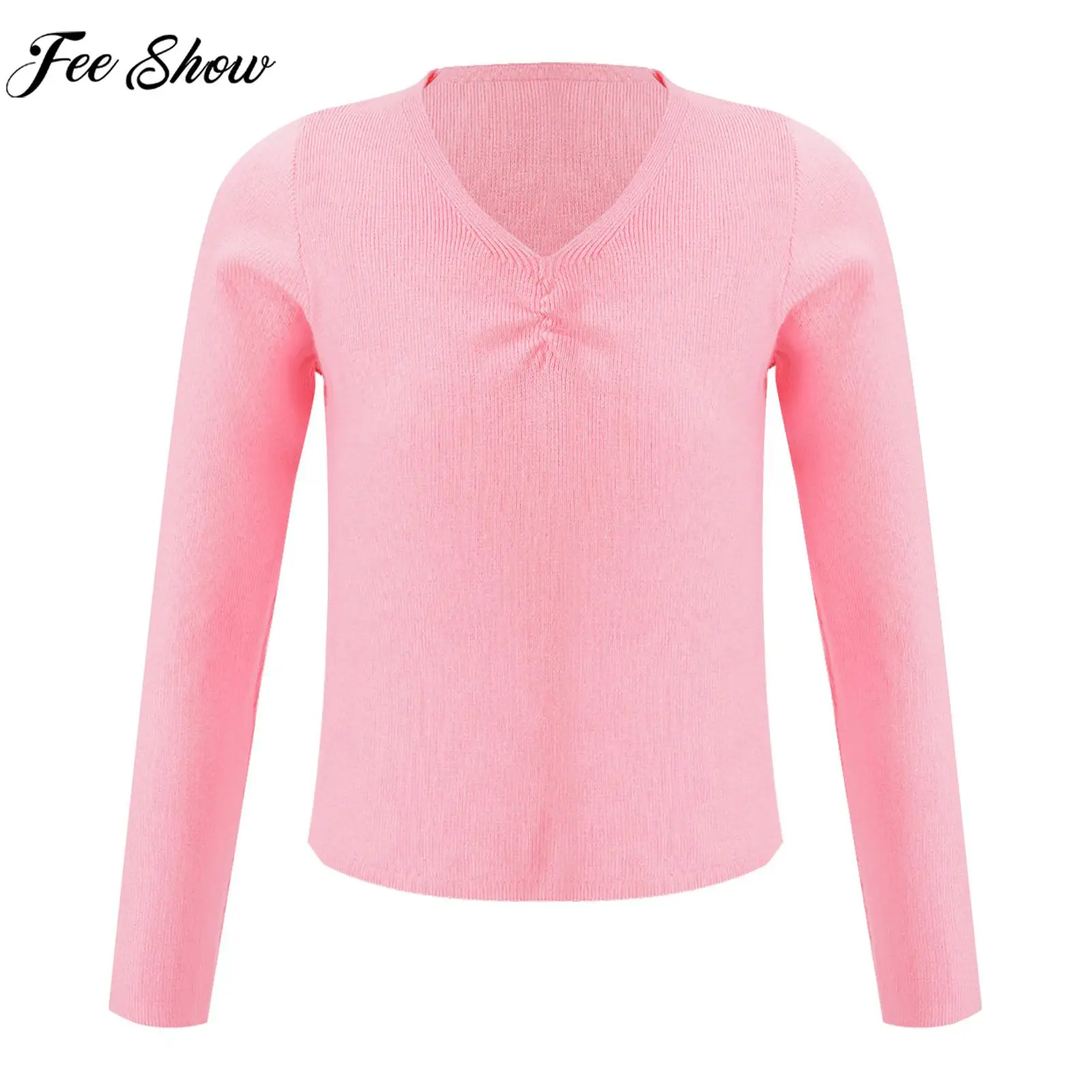 Children Girls Long Sleeve Ruched Knitted T-shirt Outerwear Ballet Dance Gymnastics Training Tops Dancing Class Exercise Clothes