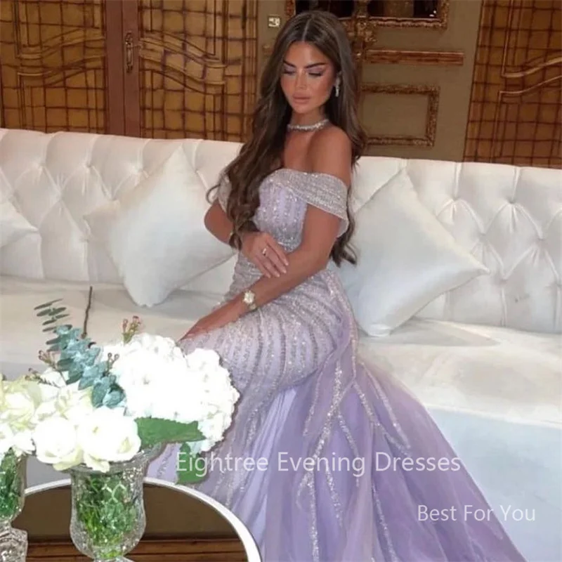 Eightree Shiny Long Mermaid Party Dresses Sequins Saudi Arabic Off Shoulder Evening Dress Purple Formal Event Gowns Celebrity