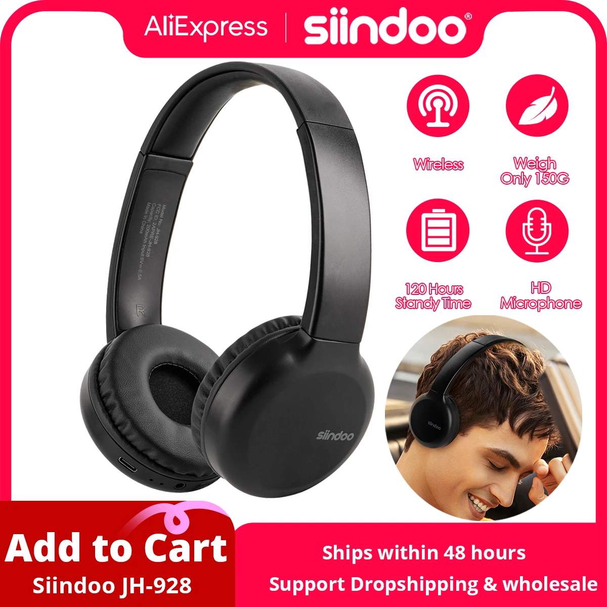 Siindoo JH-928 Wireless Bluetooth Headphones Stereo Music Earphones Super Bass With Micphone For Adult Kids lowest price New