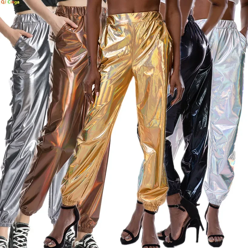 Pantalon Long scintillant pour femmes, pantalon de sport ample et décontracté, vert, or, argent, noir, en option, fête Hip-hop