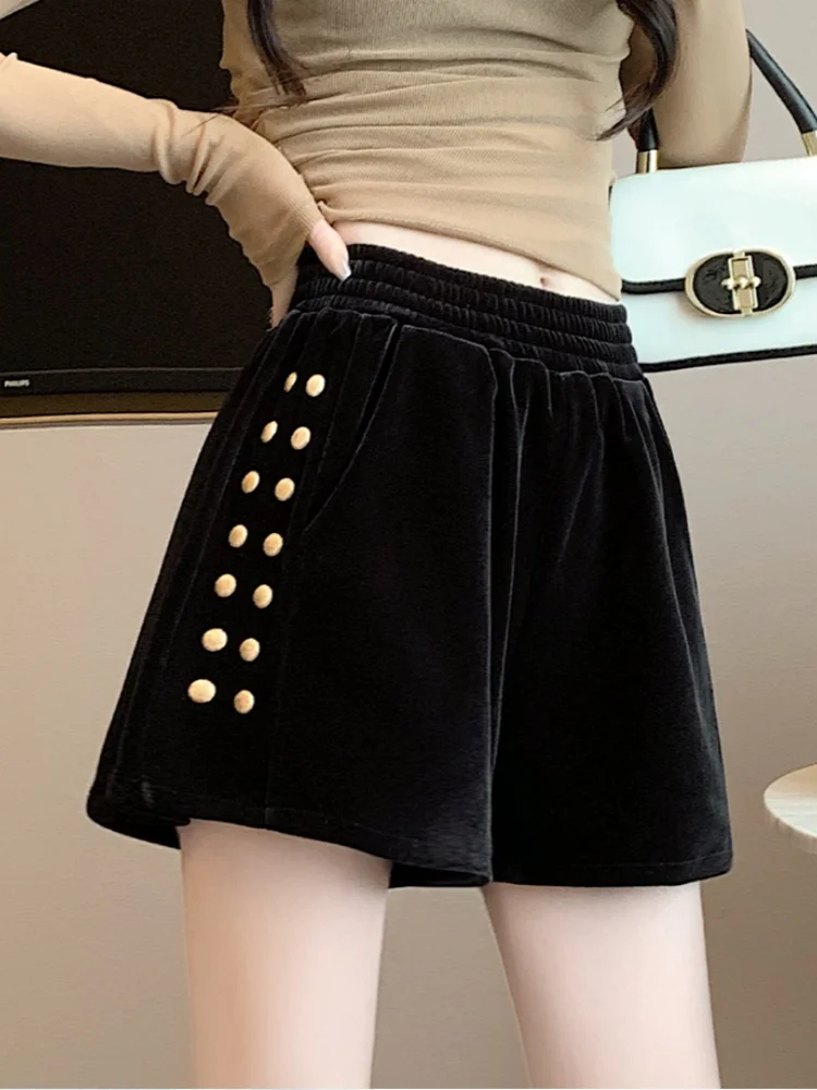 SMTHMA 2025 New Autumn Winter Korean Fashion Slimming Velvet Elastic Waist Wide Leg Shorts Women's Golden Decoration Boots Pants