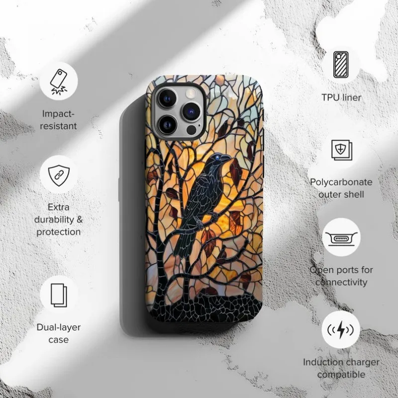 Spooky Stained Glass Raven at Sunset Phone Case For IPHONE 16 15PRO MAX 14 13 12 11 Acrylic TPU Two in one magnetic Phone Cases