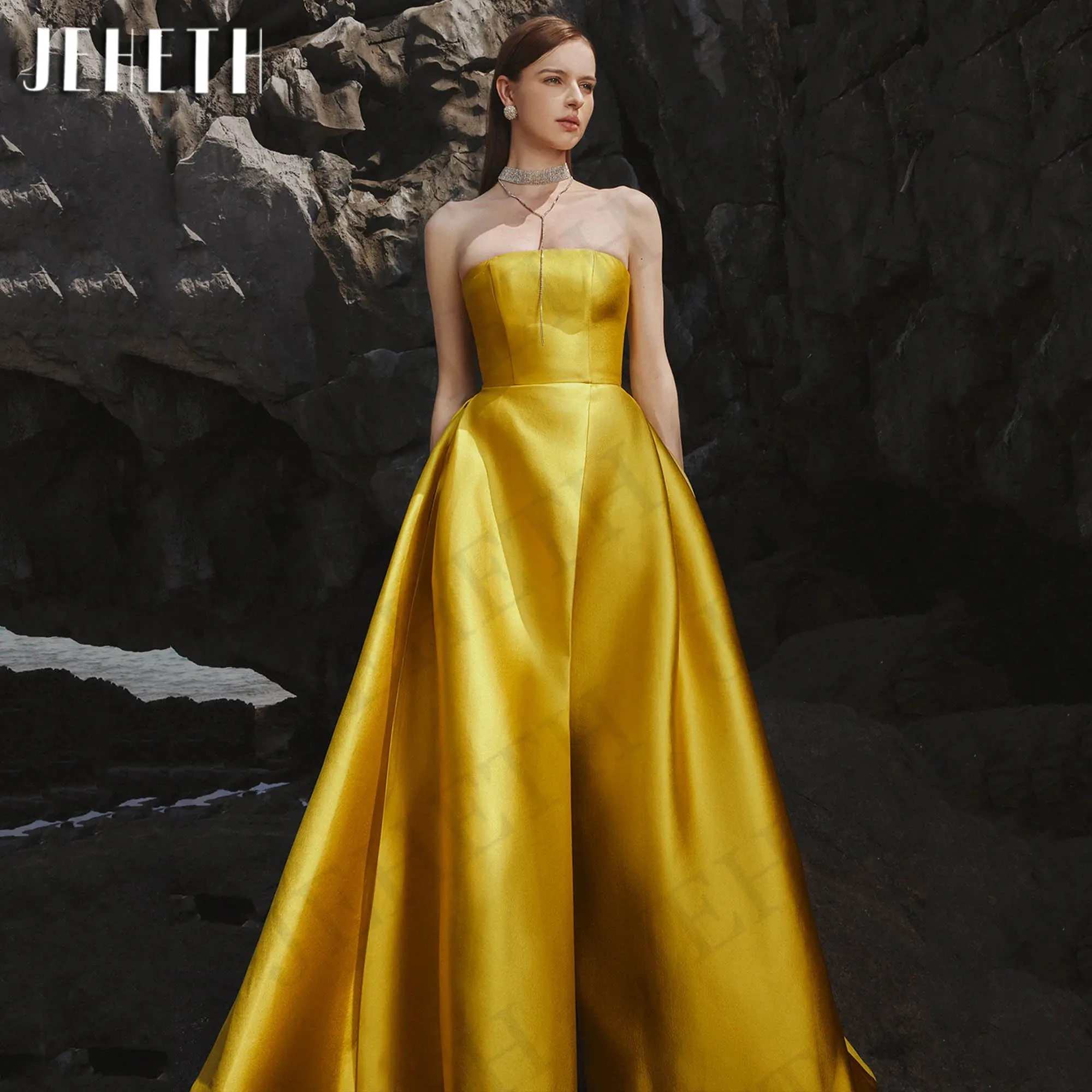 JEHETH Gold Simple Evening Dresses For Women 2024 Elegant A Line Satin Split Wedding Guest Dress kleider für besondere anlässe