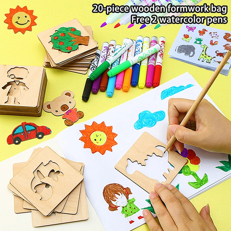 20Pcs Wood Painting Templates With 20 Template Chips And 2 Random Marker Pens, Children DIY Drawing Tool Set