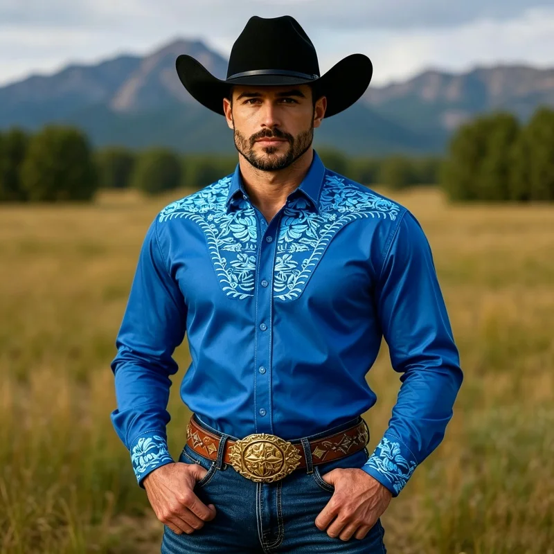 Men's Western Cowboy Floral Embroidered Shirt  Long Sleeve Button Down Slim Fit  Vintage Style Blouse