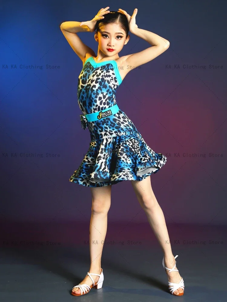 Leopard Tango Latin Dance Dress Girls Latin Dance Clothes Cha Cha Rumba Samba Dance Skirt Girls Competition Ballroom Dress Kids