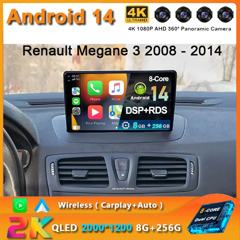 

For Renault Megane 3 2008 - 2014 2K QLED Android 14 Car Radio Multimedia Video Player GPS AI Voice CarPlay 4G Navigation