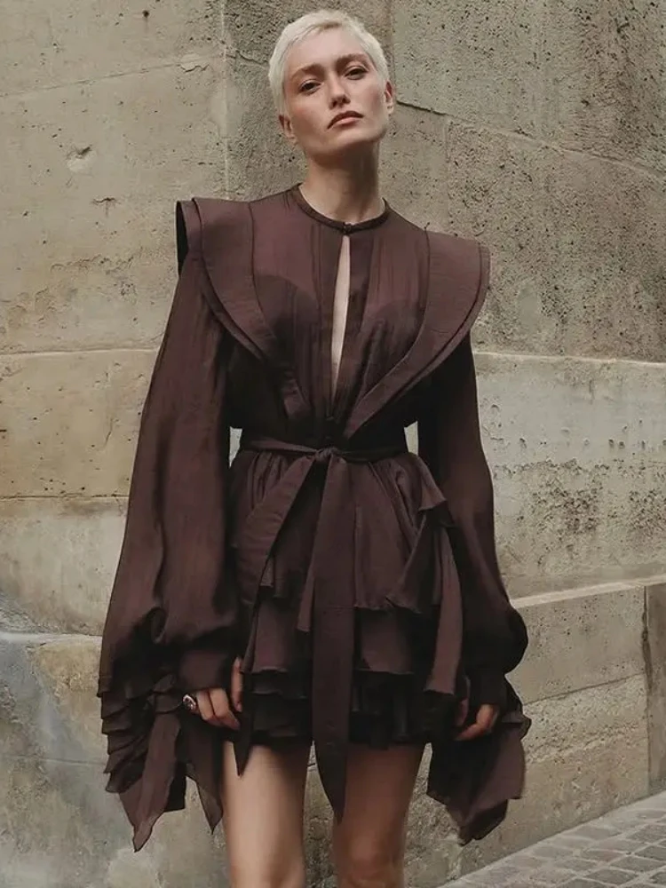 

Sexy O Neck Long Sleeve Ruffles Folds A-line Dress Women Hollow Out Lace Up High Waist Mini Dresses Evening Party Cocktail