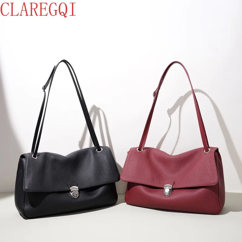 CLAREGQI  Hot Style Large Capacity Cattle Hide Shoulder Bagwomen Fashionable  All Match The Tote Bag Commuting Leather Bag