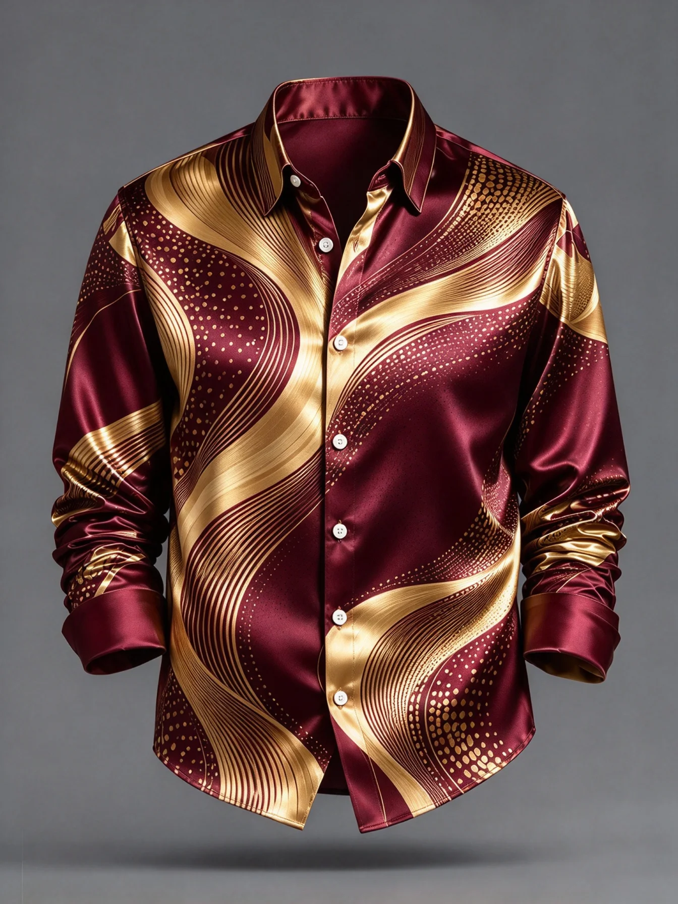 Men's Satin Long Sleeve Shirt Black Gold Wave Abstract Print Button Down Shirt Formal Party Dress Shirt
