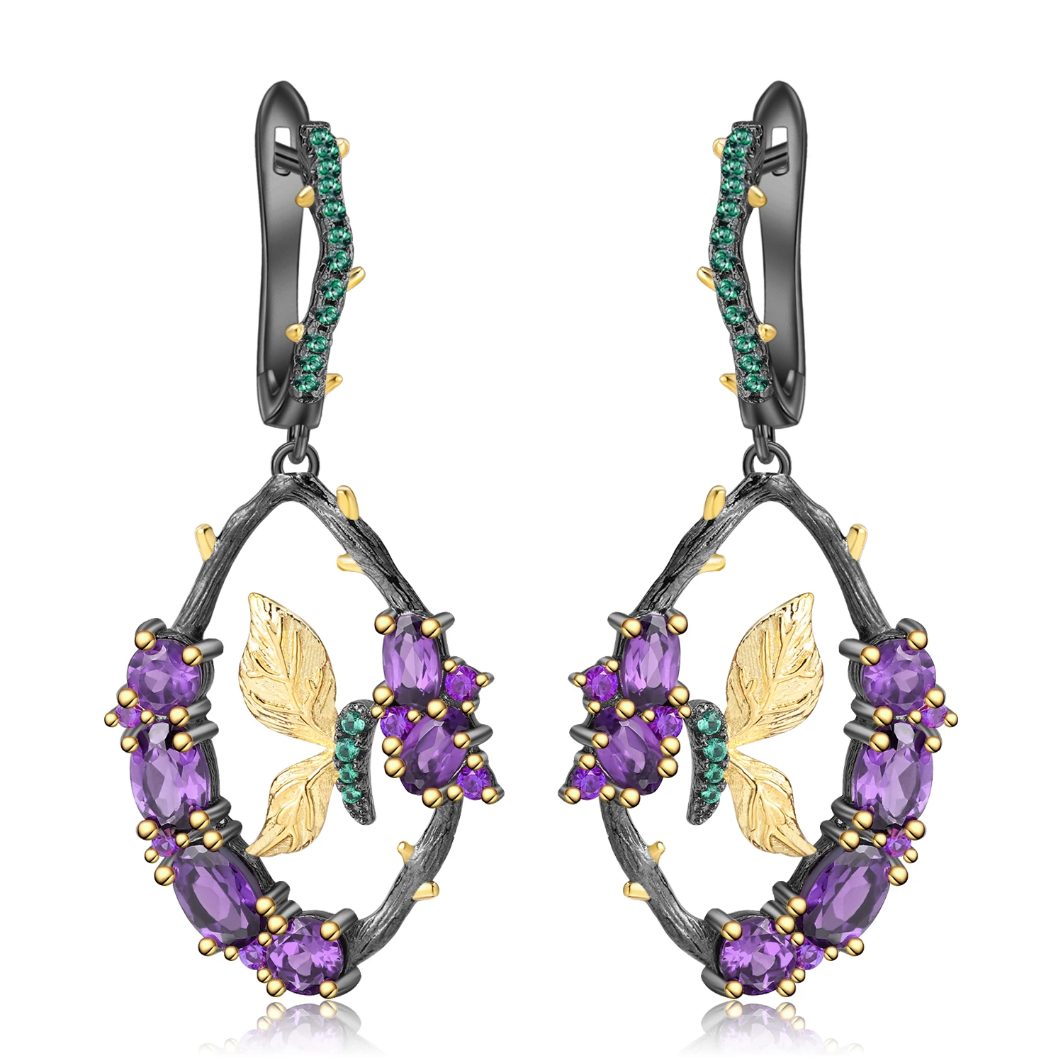 

C7749 Abiding Natural Amethyst Gemstone Earrings 925 Sterling Silver Gold Plated Butterfly Branch Drop Earrings