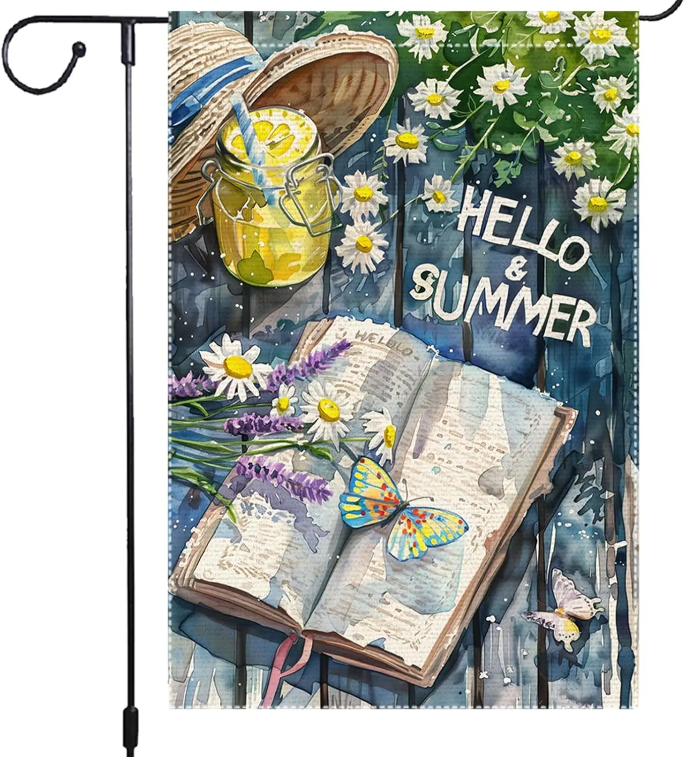 Hello and Summer Garden Flag 12x18 Inch Double Sided Small Burlap Summer Outdoor Yard Decor Open Book Flowers Butterflies Le AAS