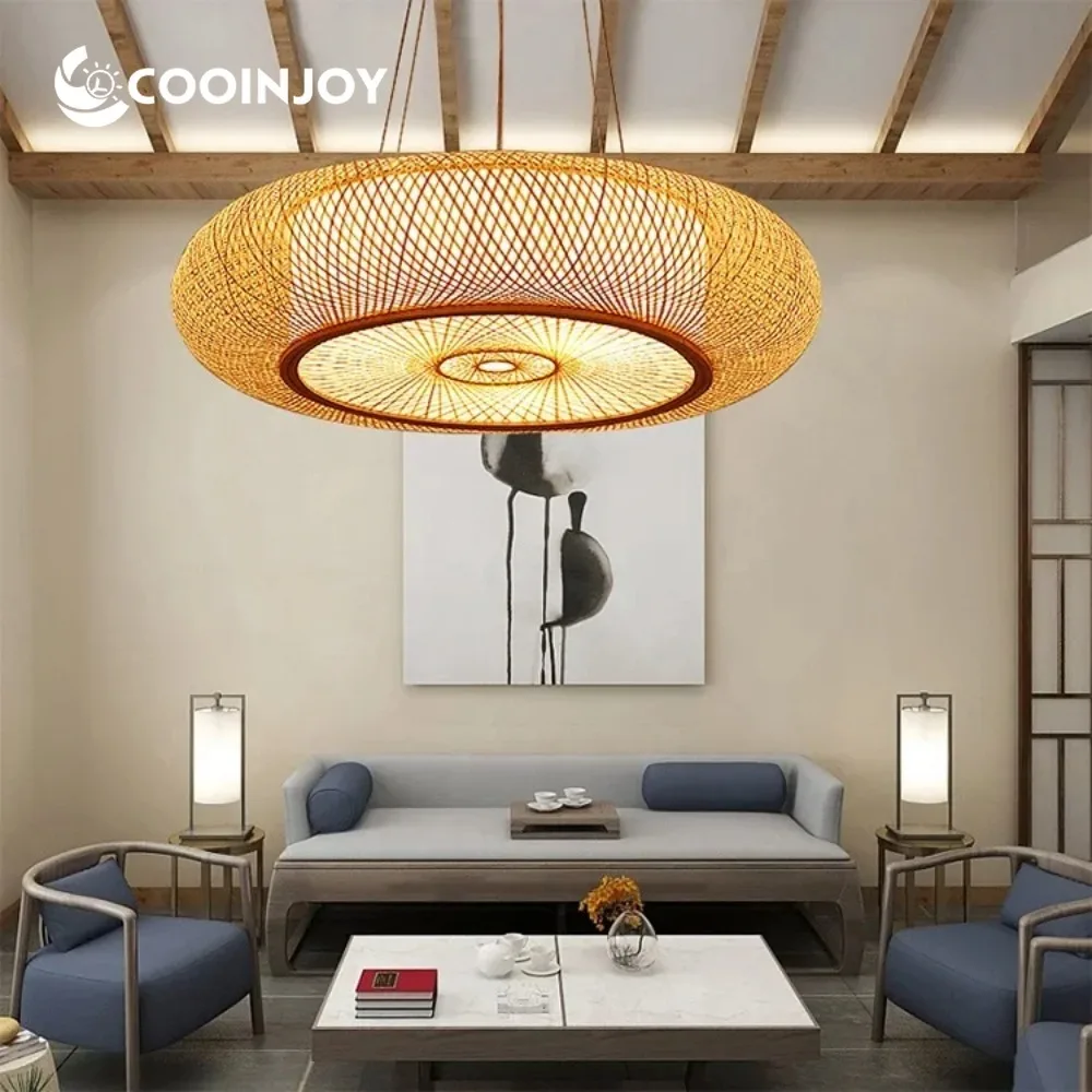 

COOINJOY Pastoral Handmade Bamboo Pendant Light Round Natural Retro Classics Led Home Decor Lamp Rattan Chandelier Pendant Light