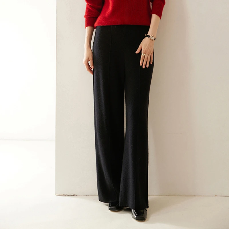 New Autumn Winter Women\'s 100% Cashmere Wide Leg Pants Simple Line Style Knittd Trousers Elasticated Waist Pants