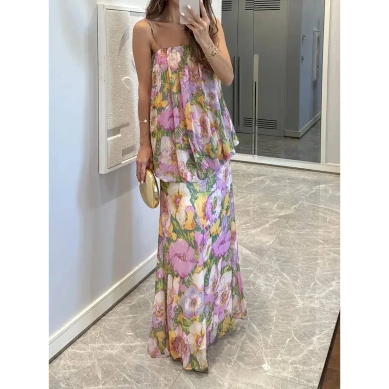 Elegant Floral Printed Off-Shoulder Maxi Dress Sleeveless Backless Women's Summer Fashion Beach Resort Robe for Party 2025