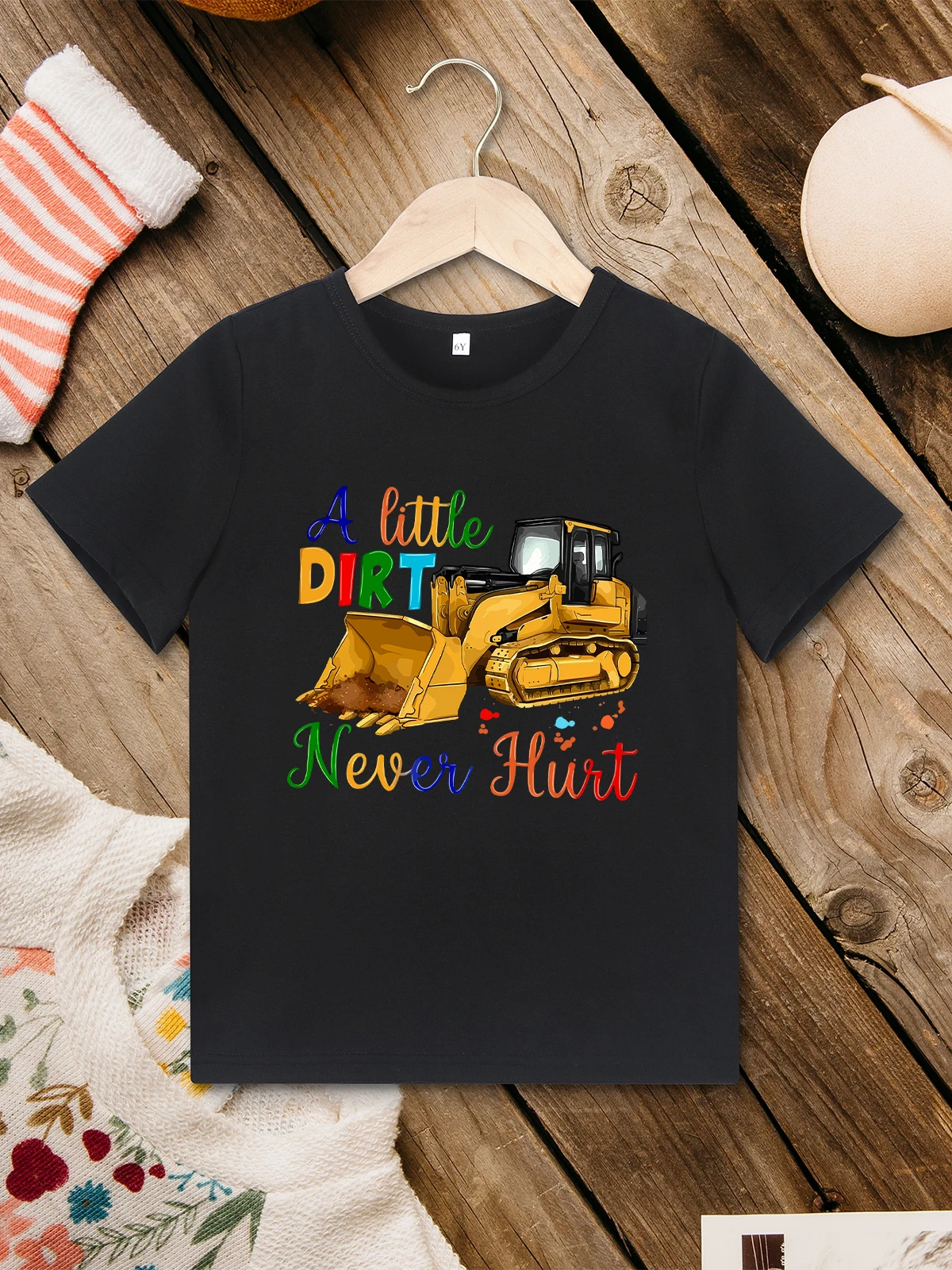 Summer Outdoor Play Kids T Shirt for Boys “A Little Dirt Never Hurt” Bulldozer Print 2 to 7 Years Children Clothes Fast Delivery