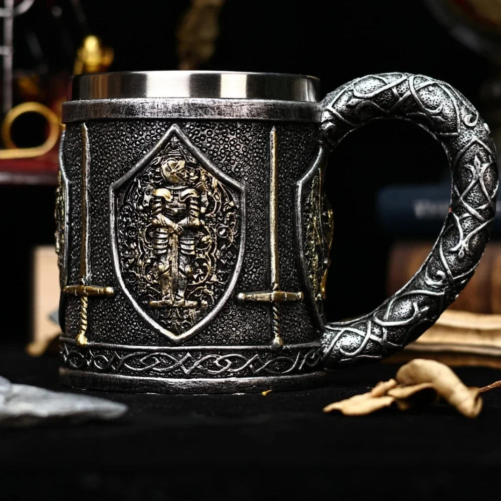 16OZ Medieval European Guard Beer Mug Stainless Steel Drinking Stein Retro Coffee Cup Viking Gifts for Men Norse Medieval Decor