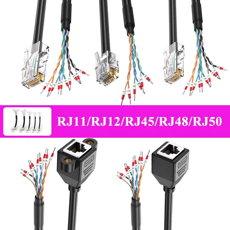 Cable Conector de Una Sola Cabeza RJ12/RJ45 6P6C 8P8C, Cable Terminal RJ11/RJ48/RJ50 10P10C, Cabeza de Cristal RJ45 a 232 con Tubo Numerado