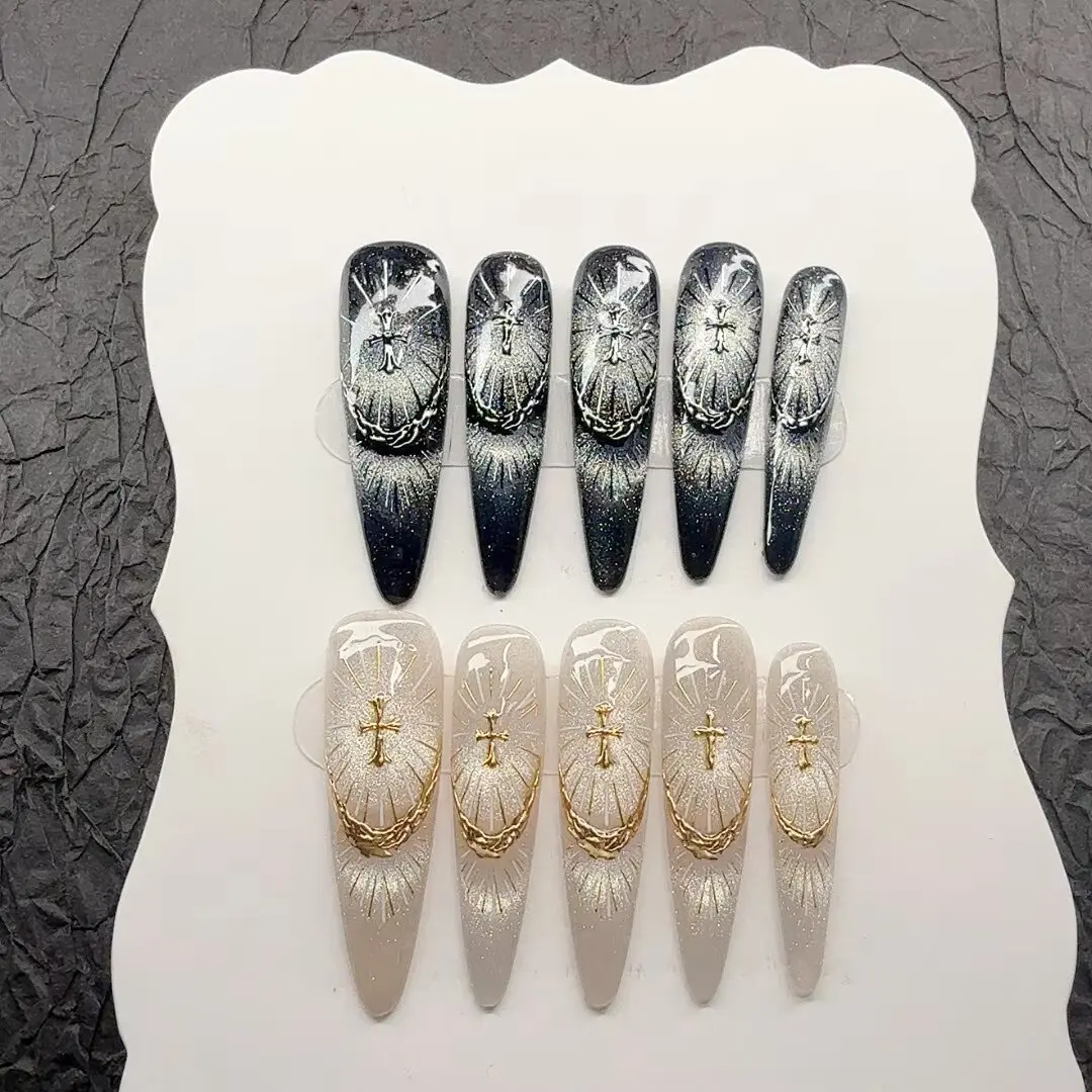 Handmade Stiletto Press On Nails Cross Holy Light Cat Eye False Nails, 2 Colors Black Silver Nude Gold Artificial Nail With 3D M