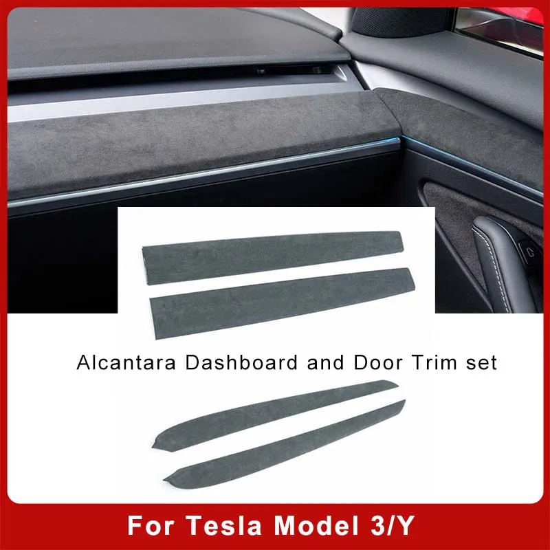 Alcantara Voor Tesla Model 3 Model Y 2020-2023 Auto Dashboard Hoes Deurbekleding Sticker Auto Interieurdecoratie Accessor