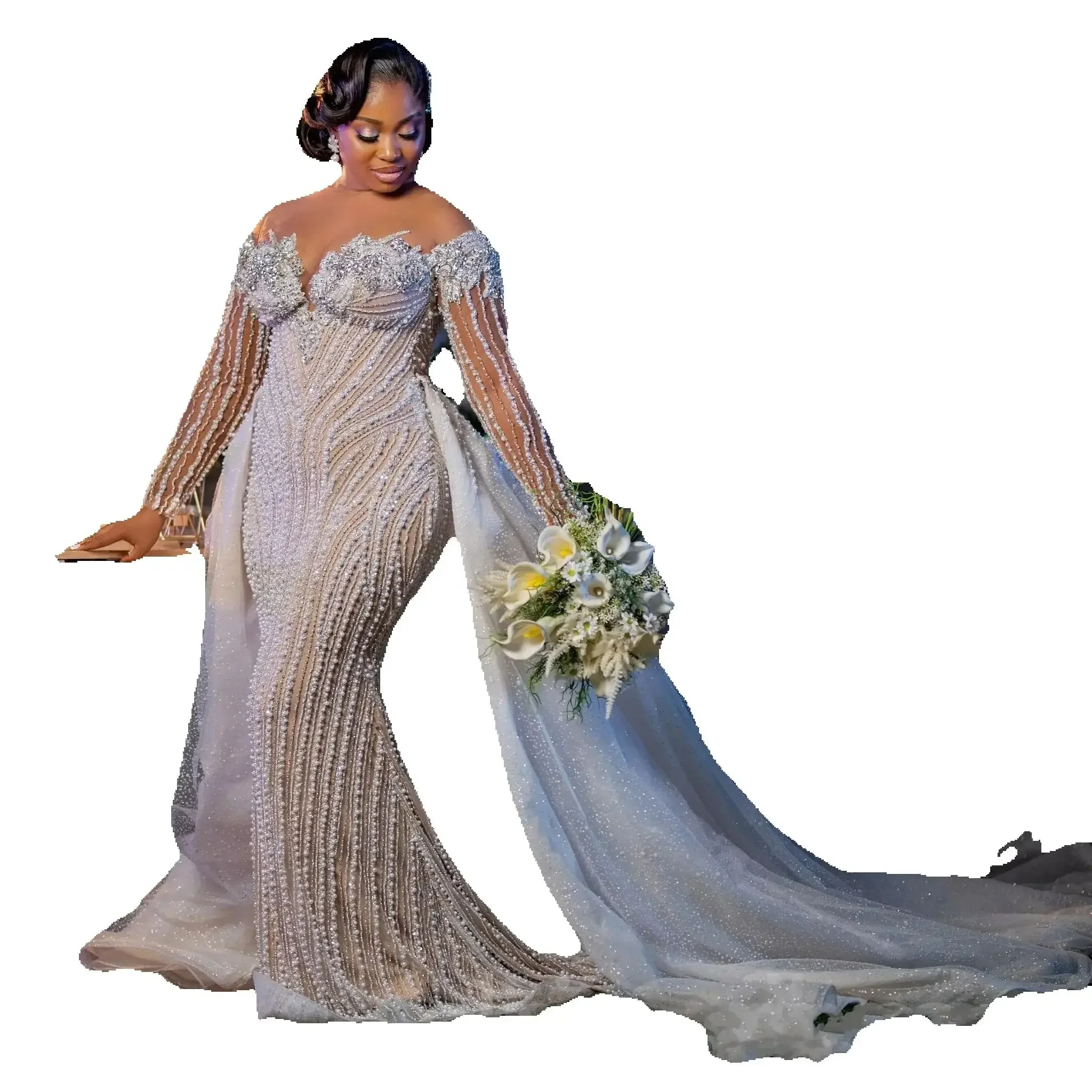 

Роскошное свадебное платье русалки с блестящим жемчугом и кристаллами для невесты, с длинными рукавами, большие размеры, свадебное платье со съемным шлейфом