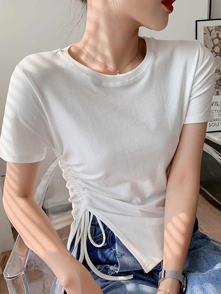 2023 Summer New Drawstring Short Sleeve T-shirt Women's Shoulder Short Top In Fashion