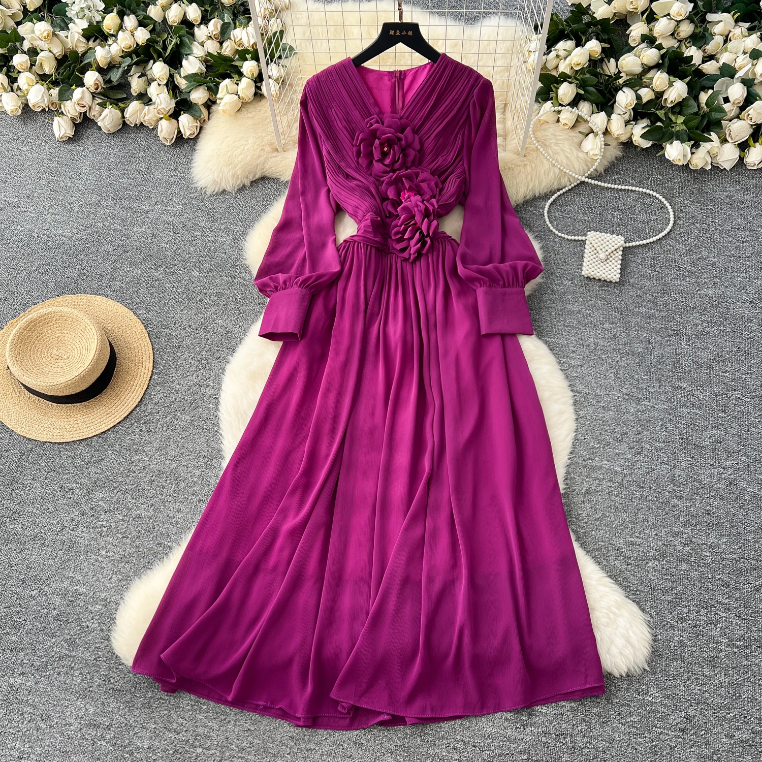 

Elegant Bodycon Three-dimensional V-neck Slim Party Club Vesditod Vintage Dress Korean Fashion Women Clothes