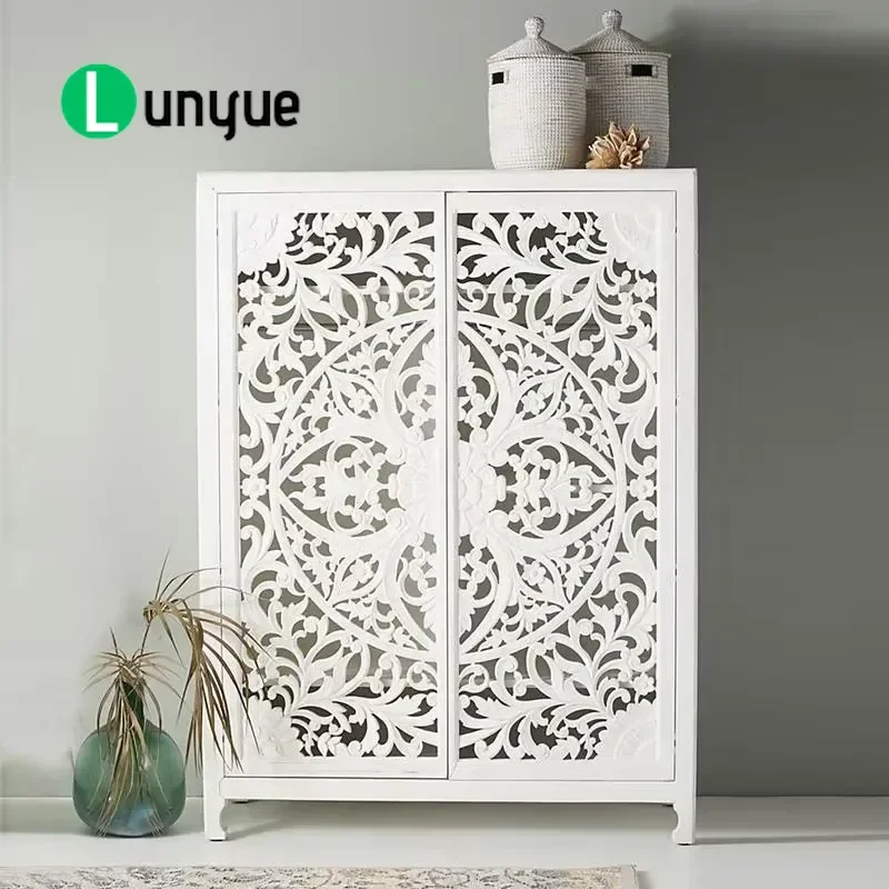 American French Retro Solid Wood Carved Flower Large Wardrobe Hollow Storage Cabinet Bedside Table Double Bedroom Furniture