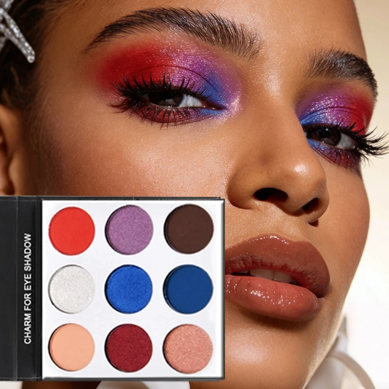 Paleta de sombras de ojos VERONNI de 9 colores color borgoña + rímel con varita curva – Resistente a las manchas, alargador y rizador, set de maquillaje para ojos
