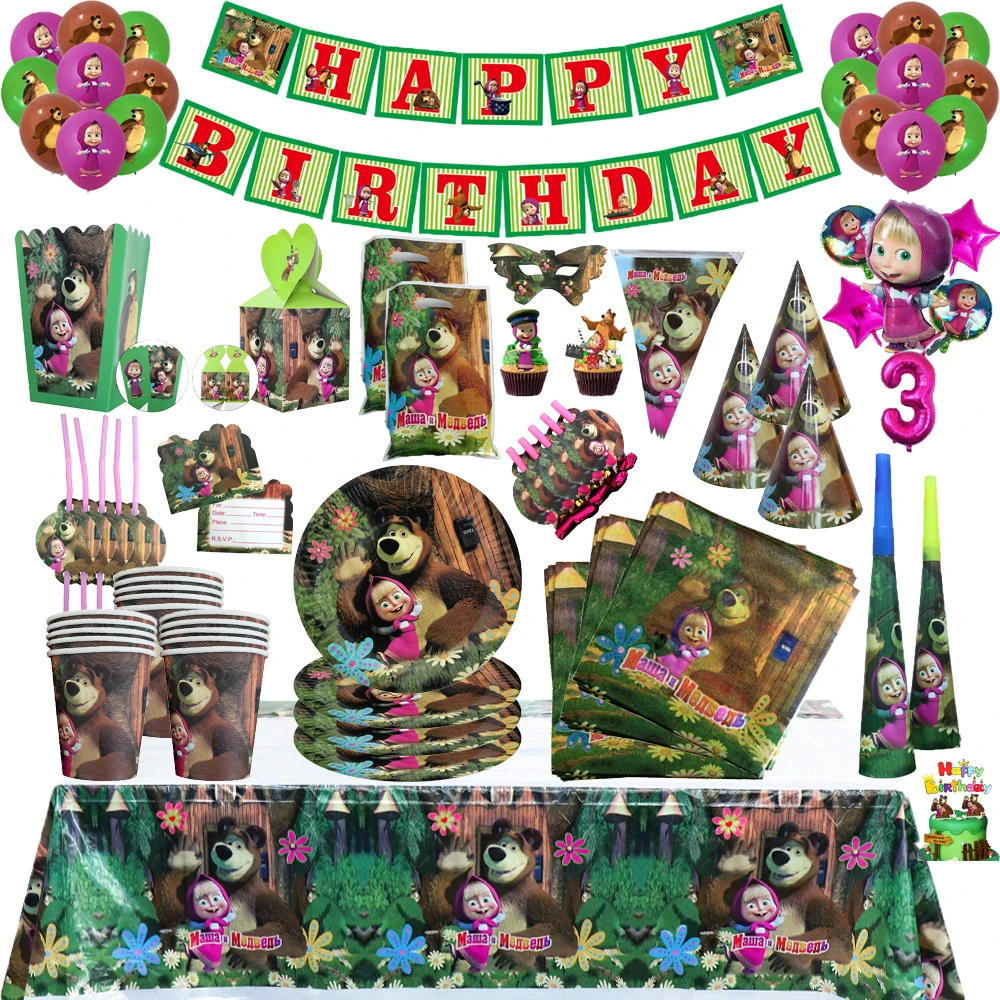 Artículos para Fiesta de Cumpleaños con Temática de Masha y el Oso, Juego de Vajilla de Masha para Niñas, Globos, Platos, Vasos para Fiesta Infantil, Decoración para Baby Shower