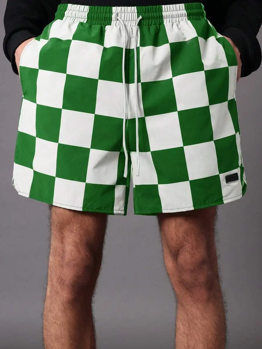 

Green And White Checkered Athletic Board Shorts With Drawstring Waist