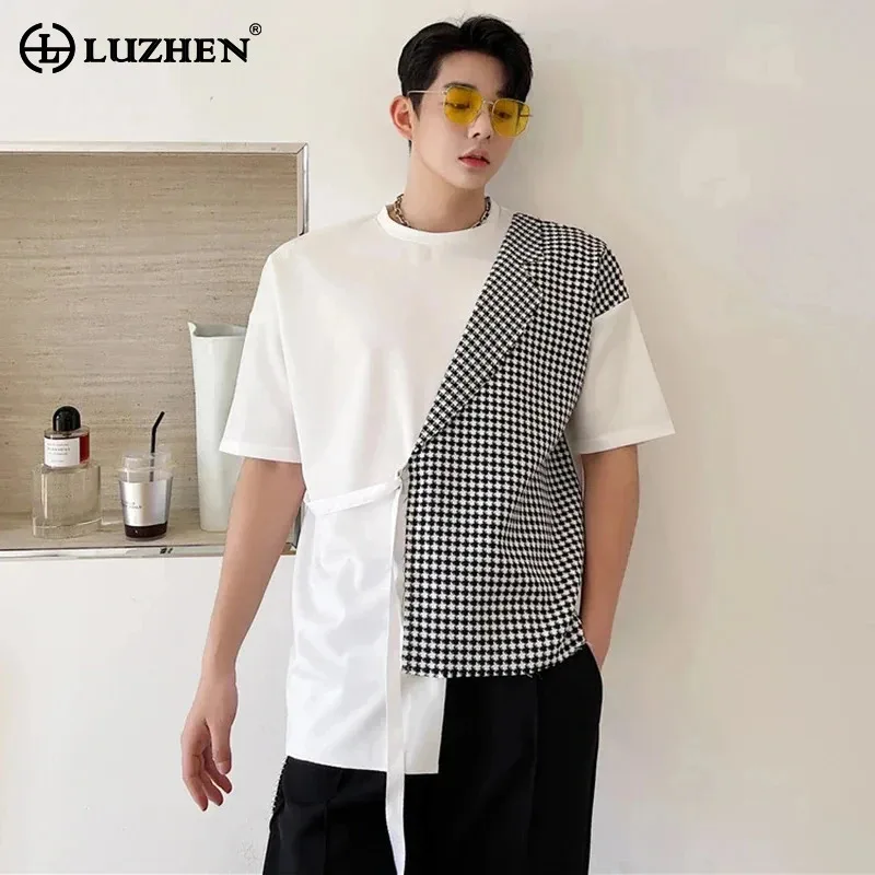 LUZHEN 2024 Fashion Elegant Color Contrast Plaid Splicing Design Men Short Sleeve T Shirts Summer High Street Trendy Tops LZ2656