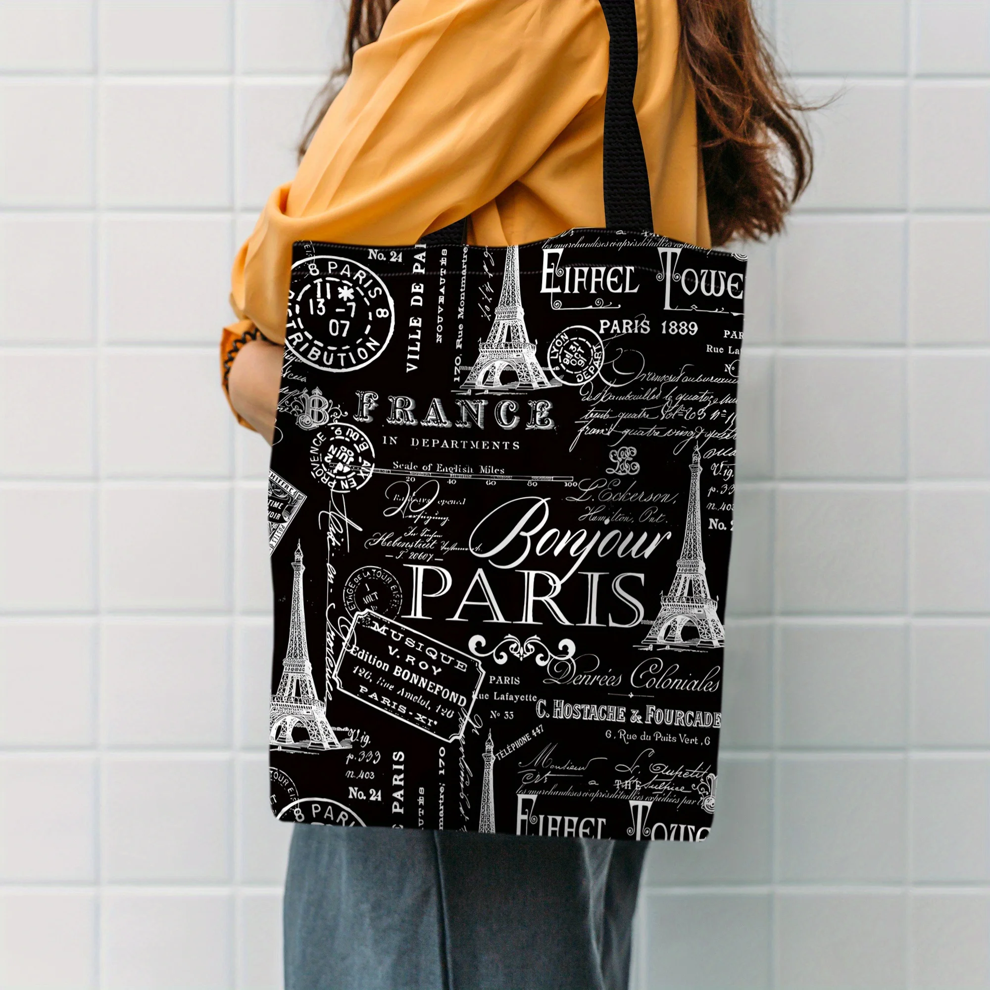 Большая сумка Paris Eiffel Tower Черно-белая любовь с французскими значками идеально подходит для повседневного использования в покупках Большая сумка Paris Eiffel Tower Черно-белая любовь с французскими значками идеально подходит для повседневного использования в покупках
