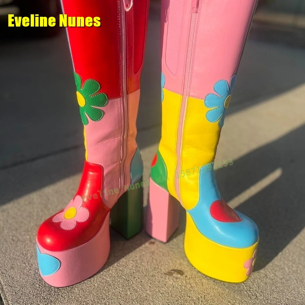 

Love Flower Print Platform Fashion Boots Zip Closure 2025 Spring Round Toe Block Heel Color Block Patchwork Girls Knee High Boot