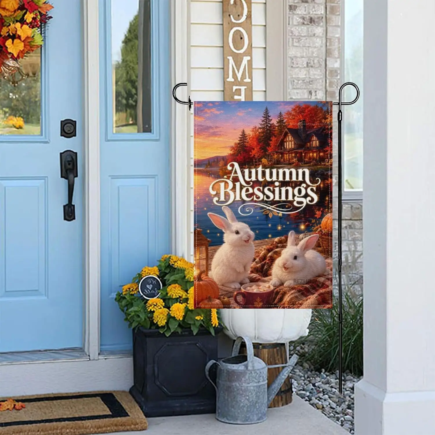 Autumn Blessings Cute White Rabbit Garden Flag 12x18Inch,Funny Animal Fall Lake House Outdoor Yard Decor,Rustic Pumpkin Cabi yyi