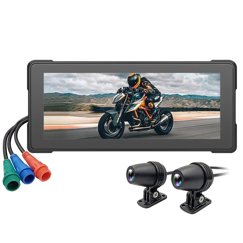 Motorcycle 6.86inch Screen Dash Cam Front Rear Wireless CarPlay Android Auto with1080P Dual Cameras recorder navigation display