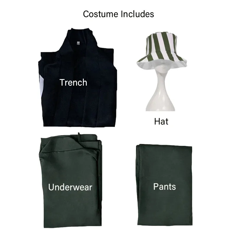 Цианиме Bleach Косплей Урахара Кисуке Костюм Мужчины Женщины Черное кимоно Брюки Шляпа Наряды Хэллоуин Карнавальный костюм для вечеринки