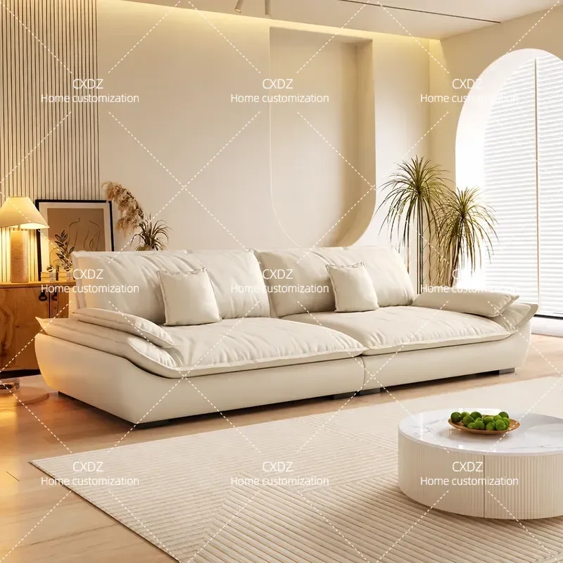Cream Tech Fabric Sofa Modern Simple 3 Seater Straight Row Couch for Living Room Small Apartment Household Furniture