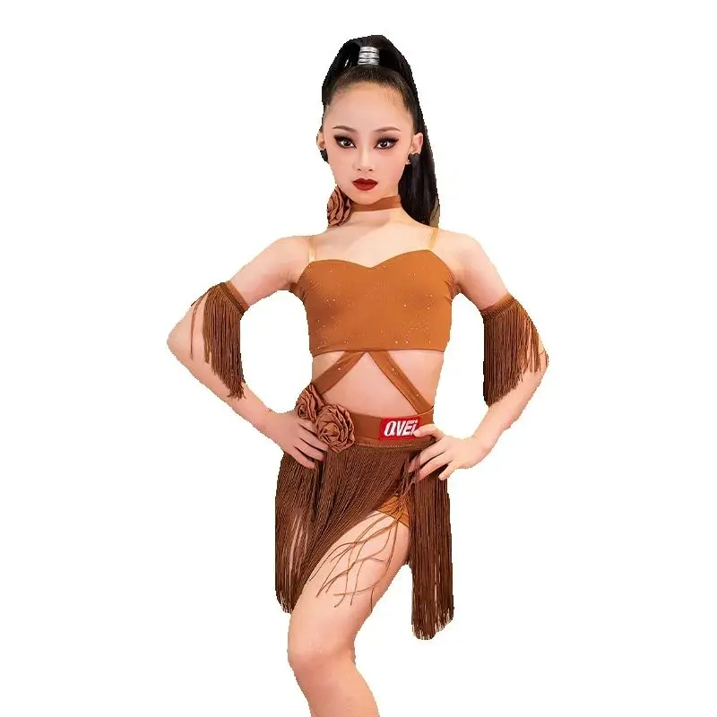 Fashion Latin Dance Competition Costume Girls Latin Dance Fringed Dress Kids Chacha Salsa Professional Dancing Clothes DW10698